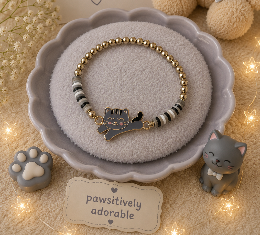 Gray kitten charm bracelet with black and white bead accents and gold-tone elastic beads displayed on lavender dish