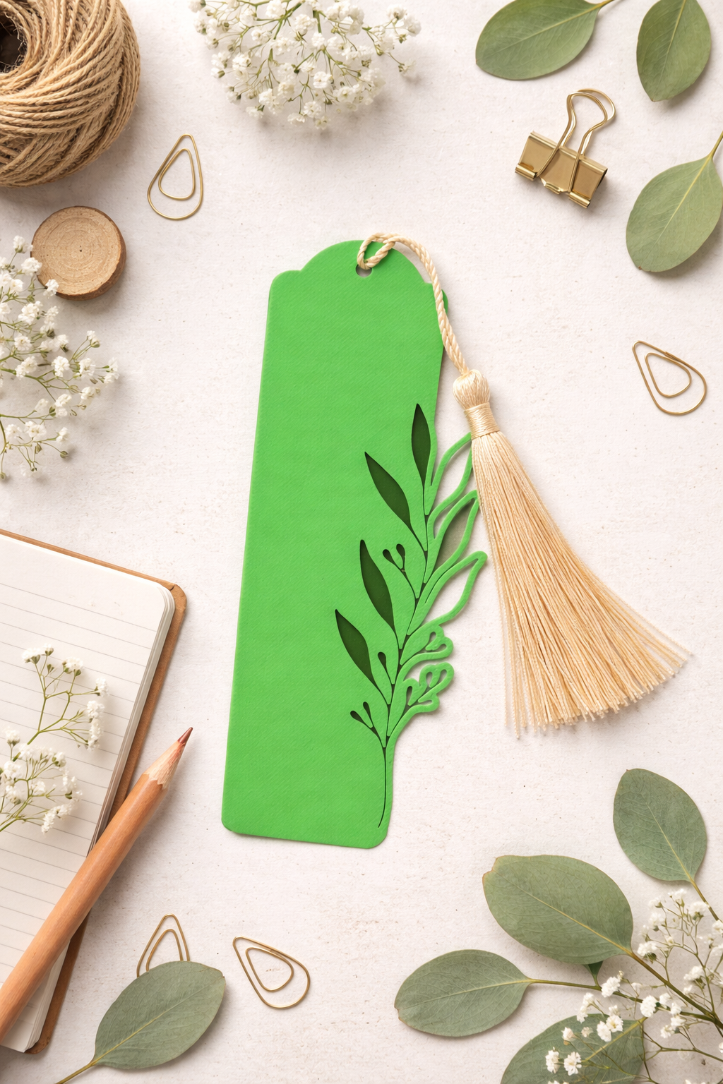 Green bookmark with leaf design on a white surface with decorative elements