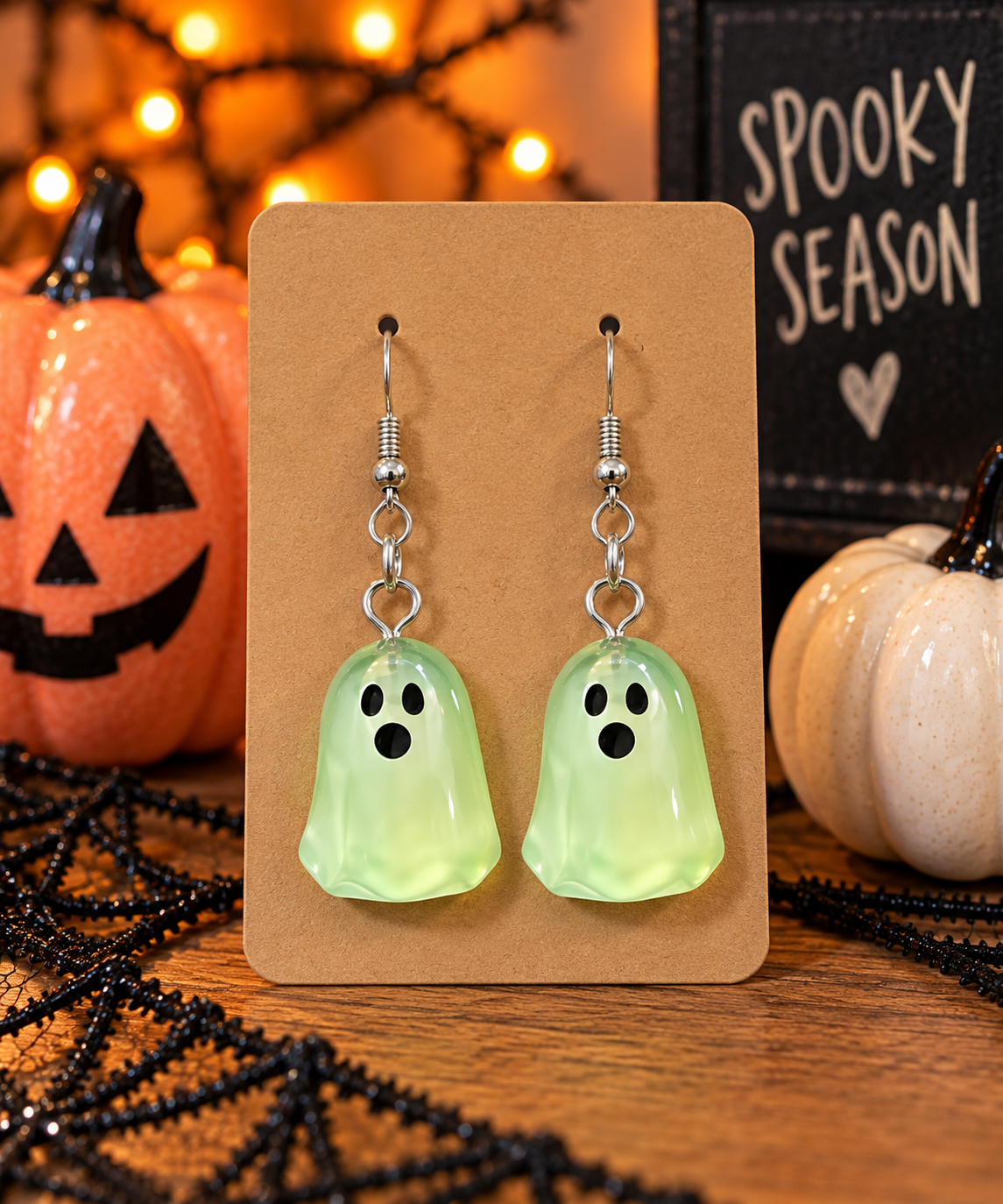Light green translucent ghost dangle earrings for Halloween