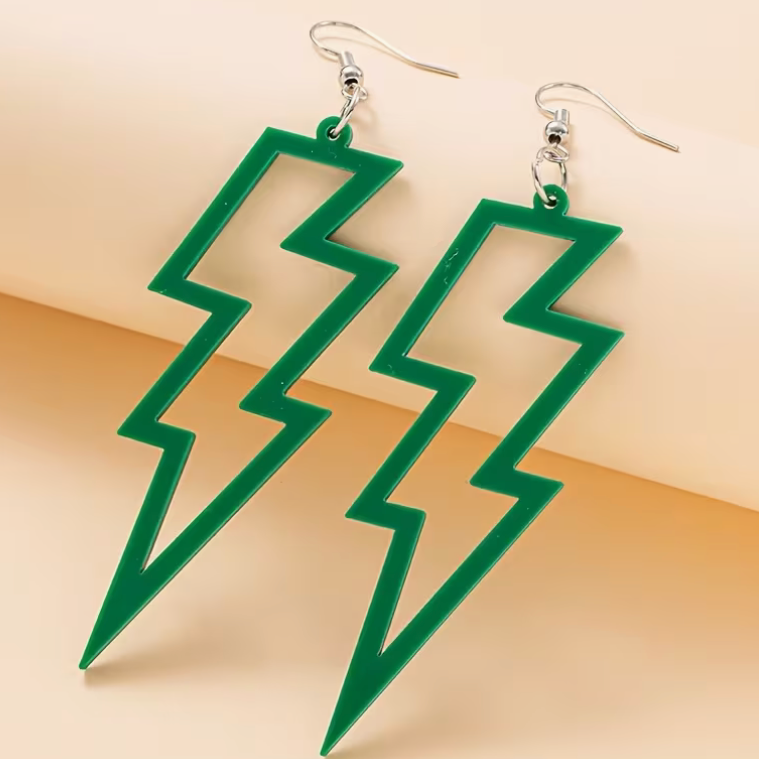 Pair of bright green open-center lightning bolt dangle earrings with silver-tone fishhook ear wires, approximately 2.8 inches long
