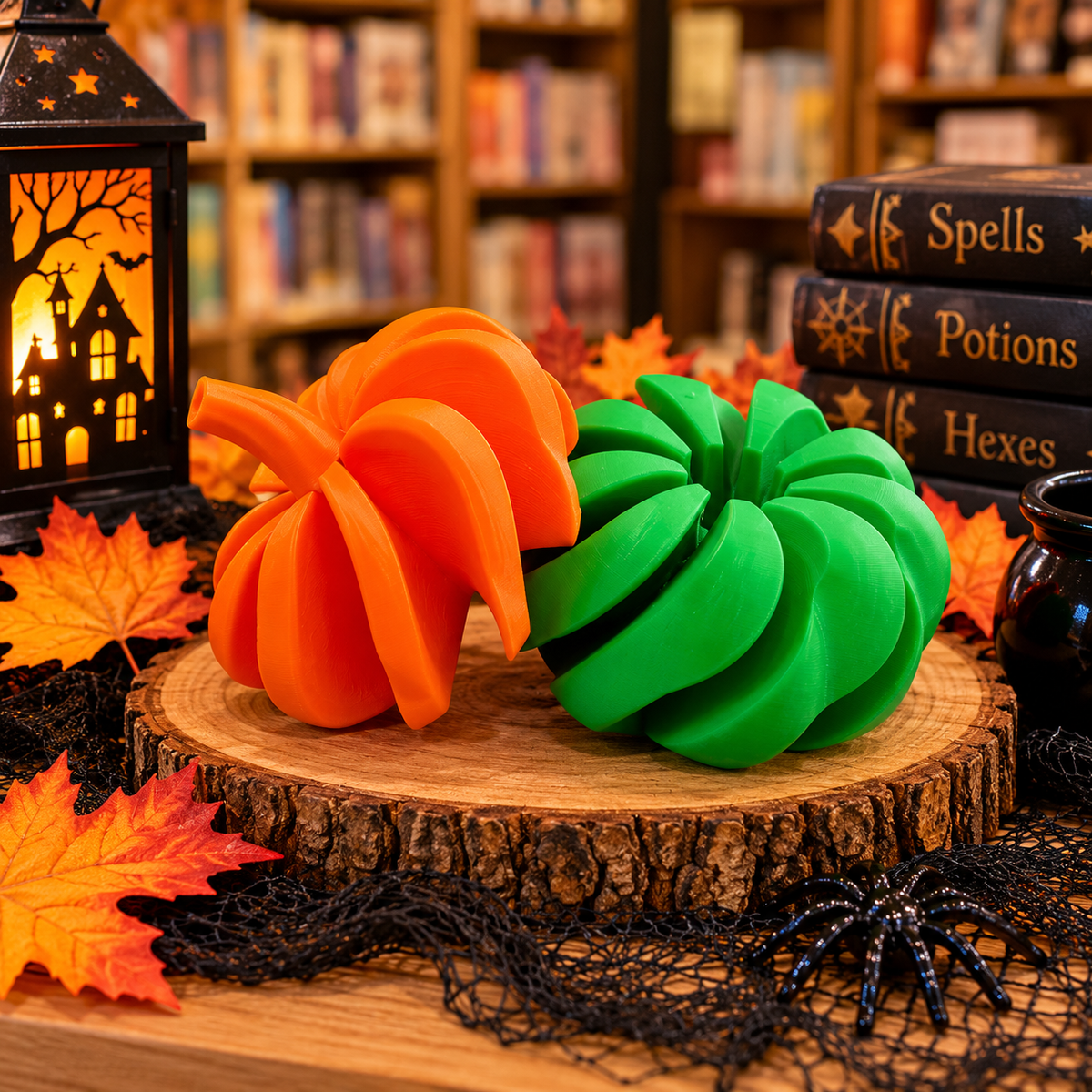 Orange and green 3D printed spiral pumpkin fidget toys showing their unique curved, twisting construction.