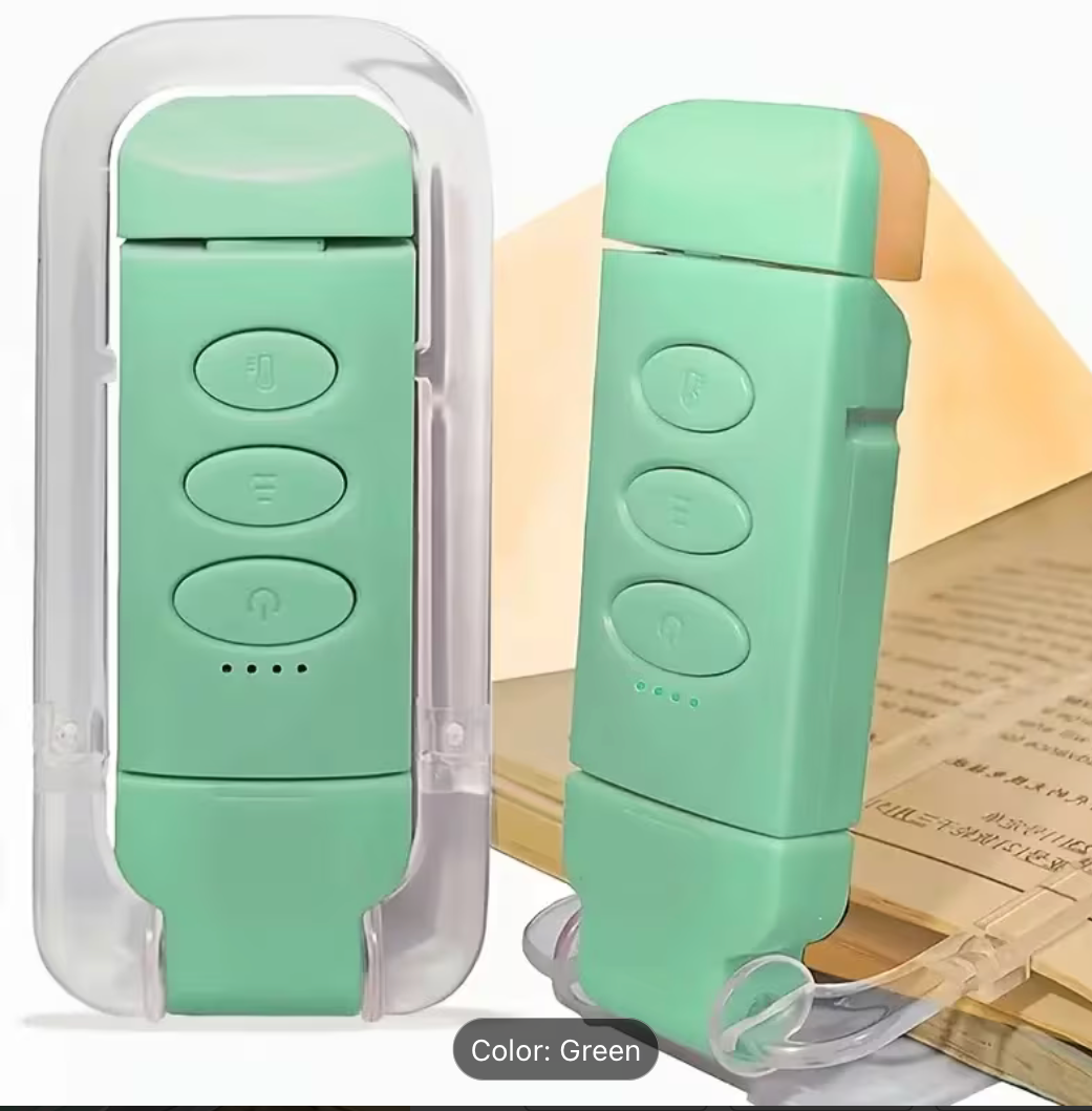 Green rechargeable clip-on book light with adjustable LED light