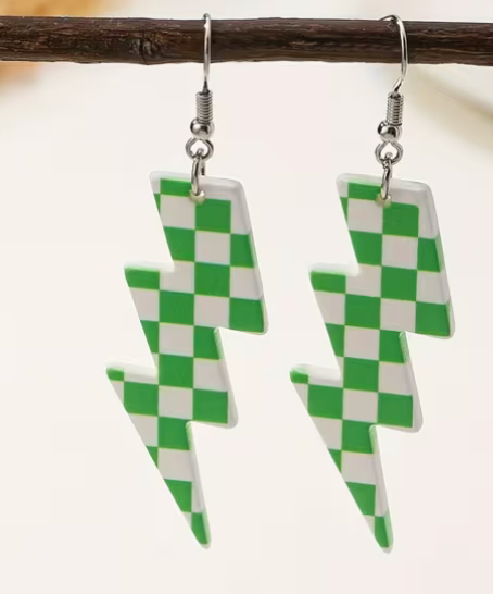 Green and white checkerboard lightning bolt dangle earrings with silver-tone fishhook ear wires, approximately 2.76 inches long