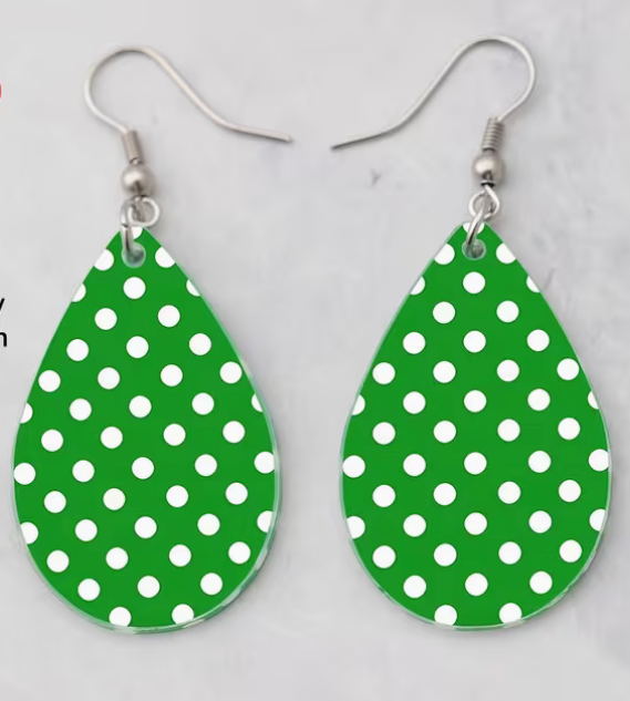 Bright green acrylic teardrop dangle earrings with white polka dots and silver-tone fishhook ear wires, approximately 2.36 inches long
