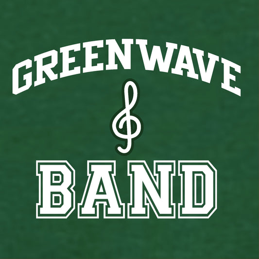 Green t-shirt with 'Greenwave Band' text and treble clef symbol on a green background