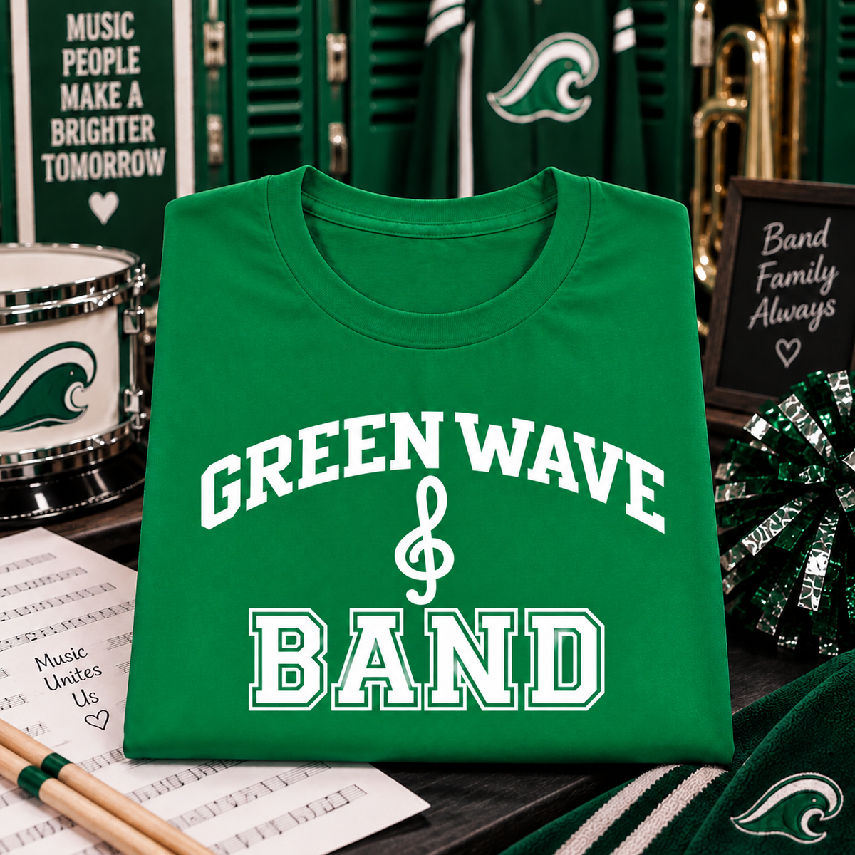 A folded green crewneck t-shirt with 'GREEN WAVE BAND' printed in white across the front, styled on a dark table with music-themed props including lockers, a drum, sheet music, and a pom-pom.