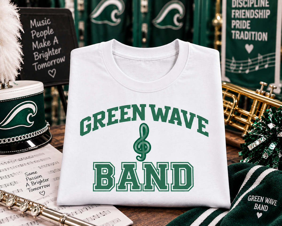 A white crewneck t-shirt with 'GREEN WAVE BAND' printed in green varsity lettering and a treble clef graphic, styled on a wooden table with band-themed props including a helmet, trombone, and cheerleader pom-pom.
