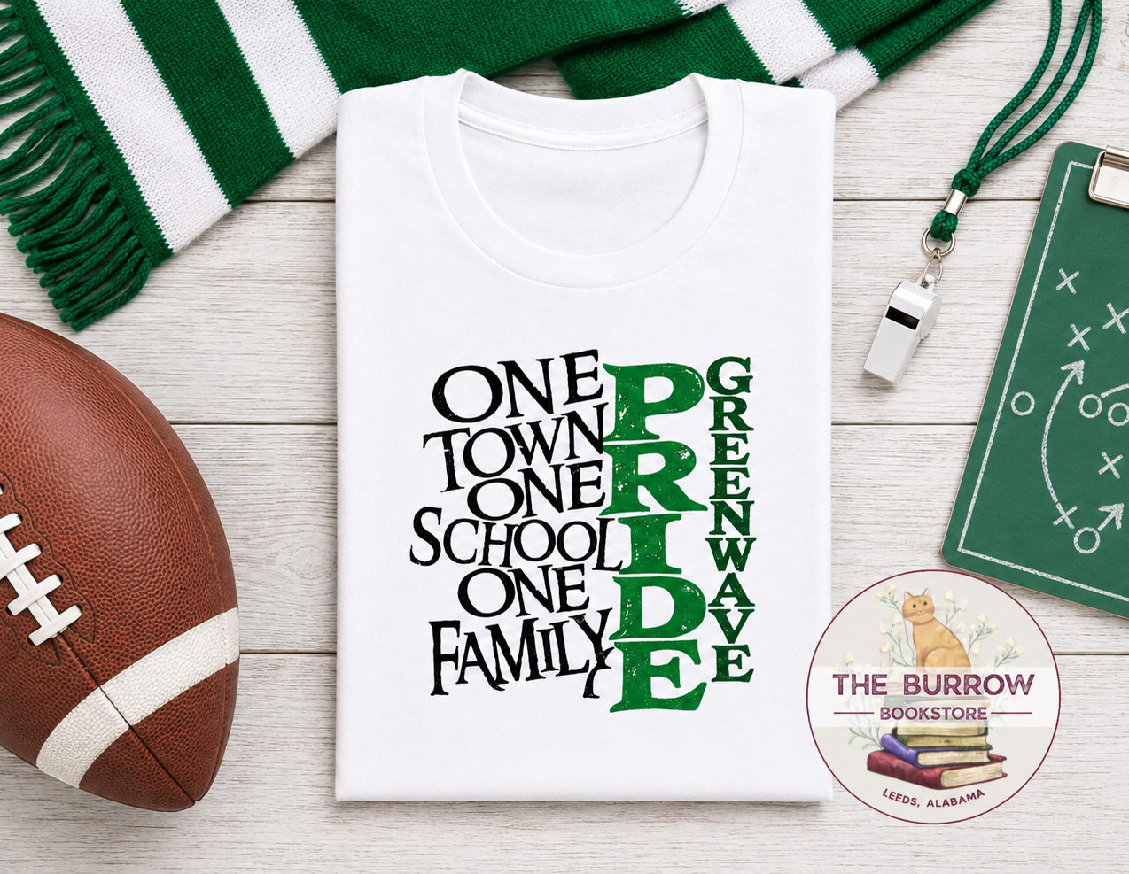 White Greenwave Pride T-shirt with One Town One School One Family design in green and black