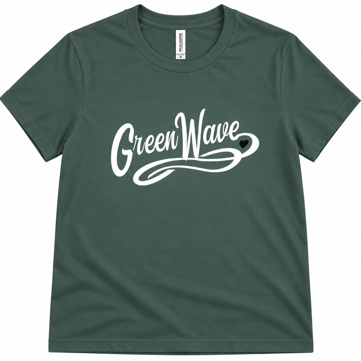 A dark green crewneck t-shirt with a white 'Green Wave' graphic printed across the chest, featuring a small black heart accent, shown on a plain white background.