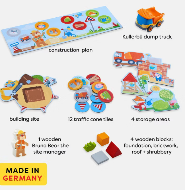 Children's construction play set with components labeled on a white background