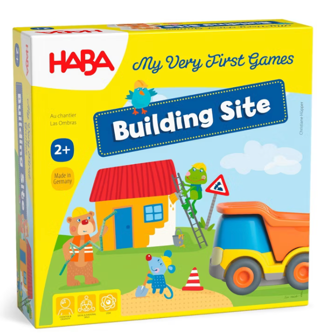 HABA 'Building Site' children's game box with colorful illustration of a construction scene.
