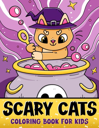 Colorful book cover with a cat in a witch hat and cauldron on a purple background