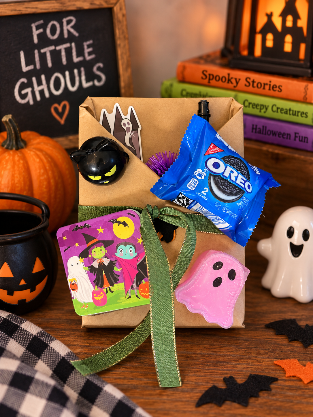 Halloween Blind Date With a Book for kids wrapped in kraft paper with green ribbon, Halloween treats, spooky toys and ghost-themed surprises