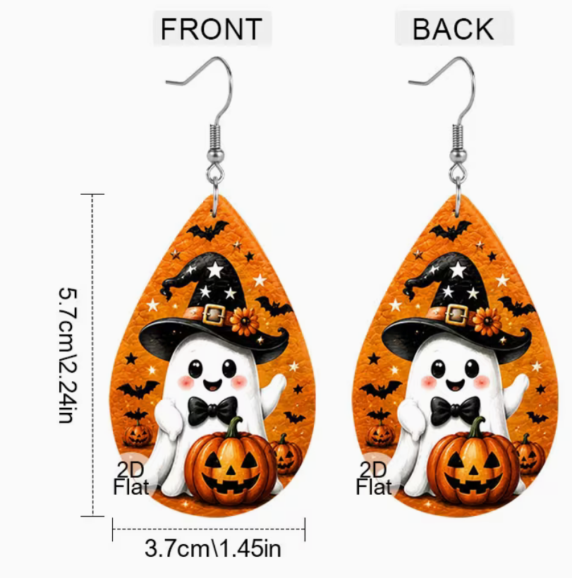 Halloween faux leather teardrop earrings featuring a cute ghost in a witch hat with pumpkins, bats and orange background, front and back view
