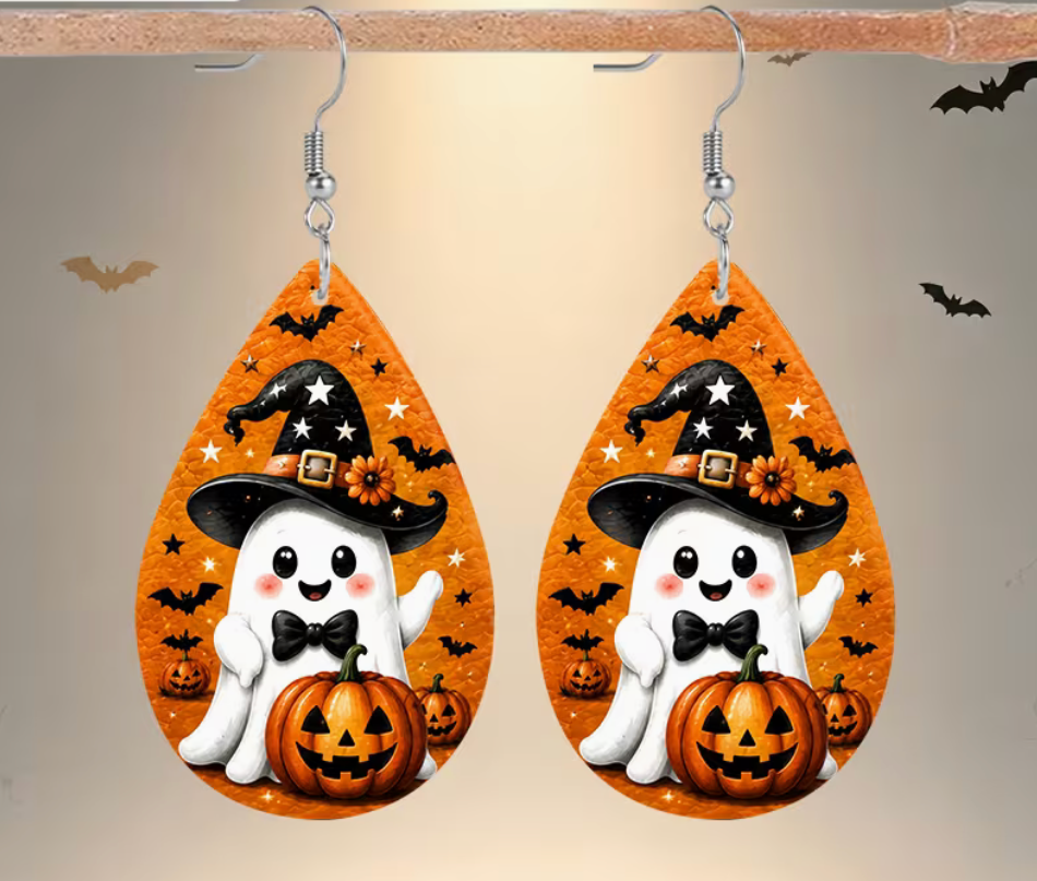 Pair of orange Halloween ghost and pumpkin faux leather teardrop dangle earrings