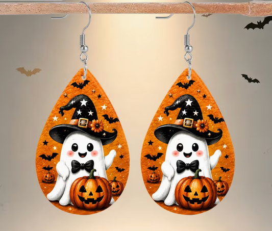 Pair of orange Halloween ghost and pumpkin faux leather teardrop dangle earrings