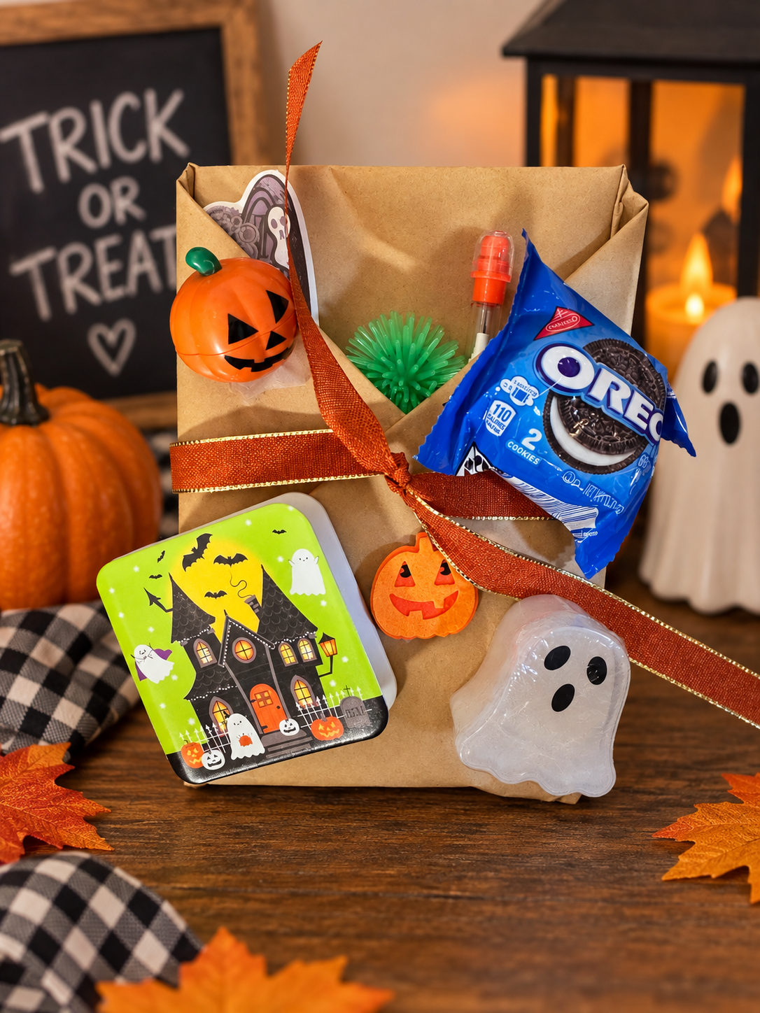 Halloween Blind Date With a Book for kids wrapped in kraft paper with orange ribbon, spooky treats, Halloween tin and small Halloween surprises