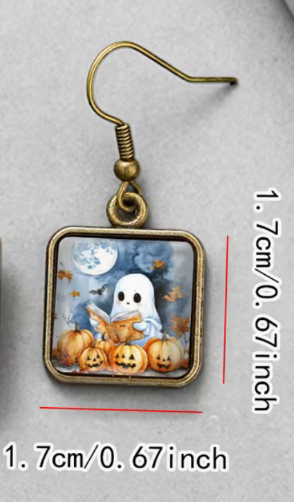 Reading ghost and pumpkin Halloween square dangle earring measuring approximately 0.67 inches wide