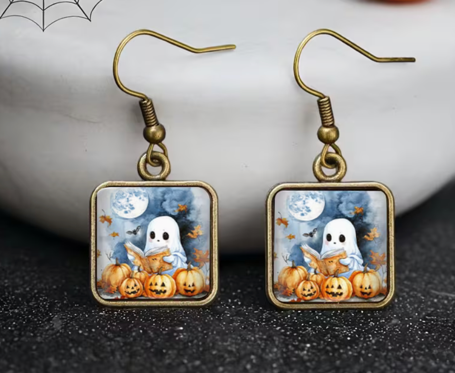Halloween reading ghost dangle earrings with pumpkins, full moon and autumn leaves in antique gold-tone square frames