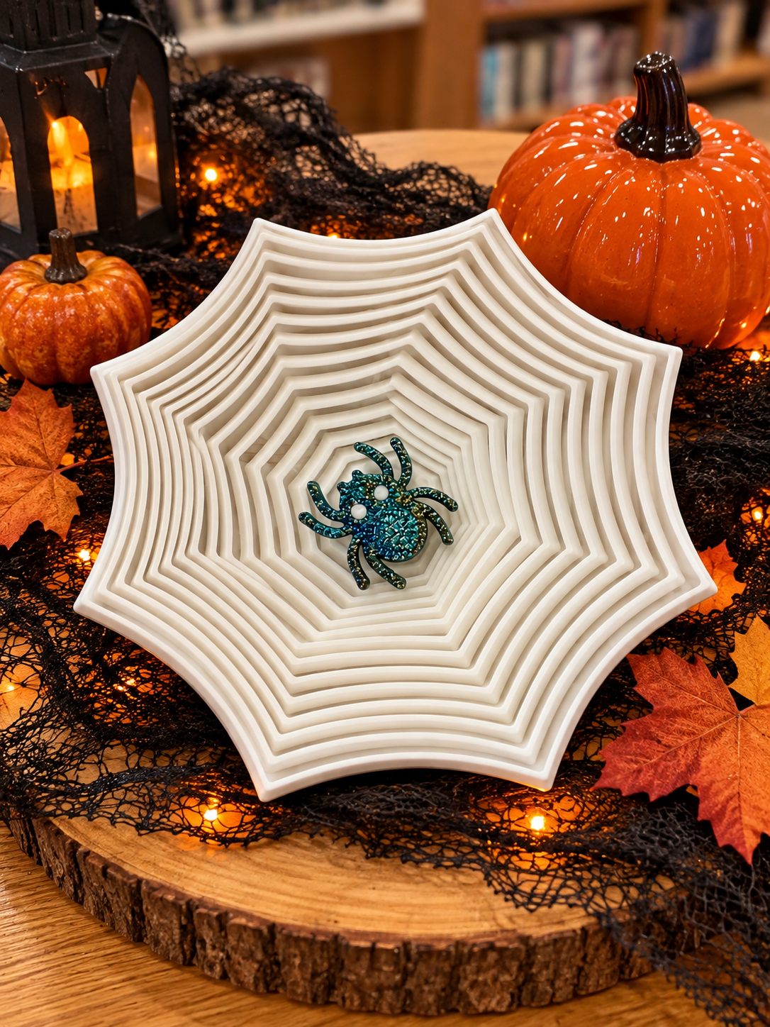 White 3D printed spider web with a teal glitter spider, displayed on a rustic wooden base with orange pumpkins, black Halloween mesh, autumn leaves, and warm lights.