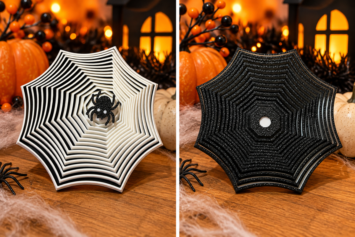 Two Halloween spiderweb fidget toy designs displayed side by side, featuring a black and white layered spiderweb with a spider in the center and a black glitter spiderweb.
