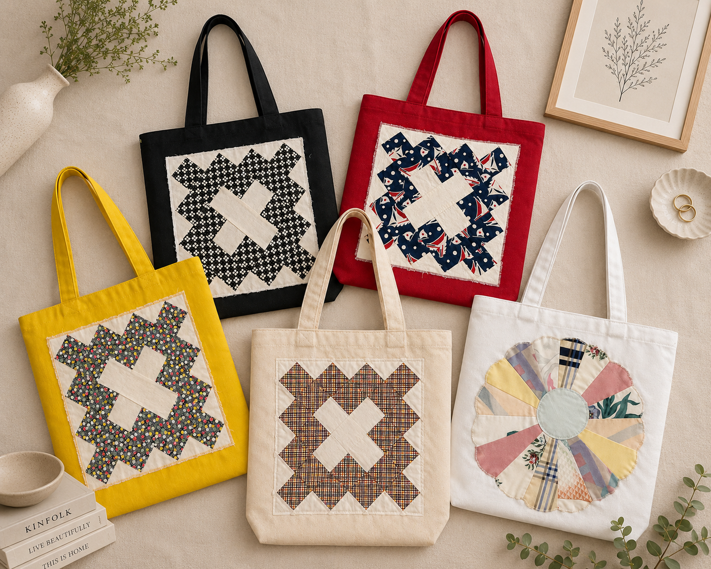 Flat lay of five handmade quilted canvas tote bags in black, red, yellow, cream, and white, featuring patchwork applique designs on a neutral beige background with minimal home decor accents.