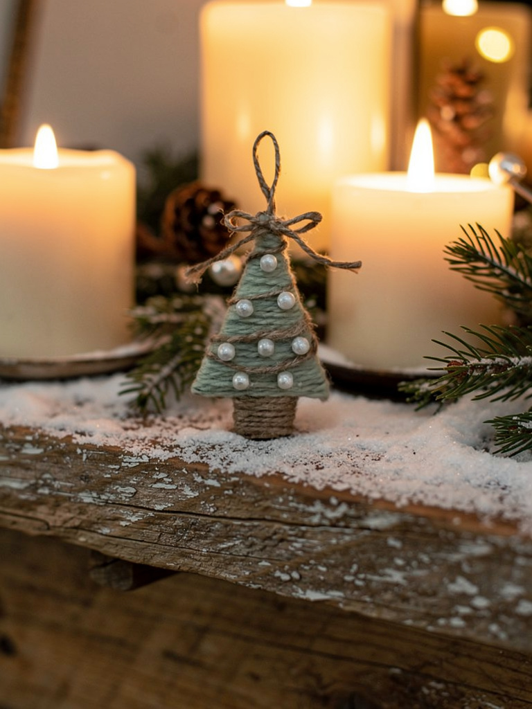Decorative Christmas tree ornament with candles and snow on a wooden surface