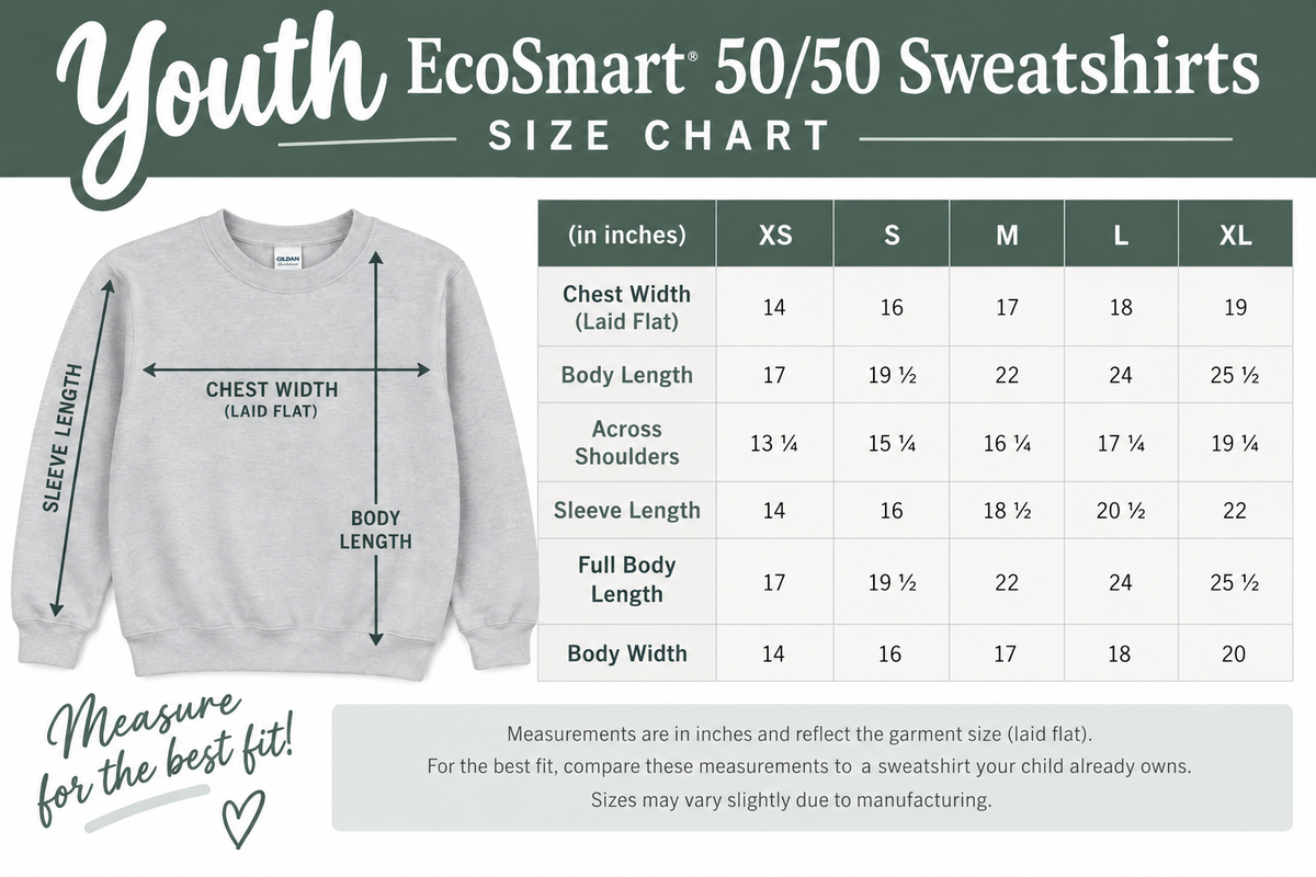 EcoSmart Youth 50/50 Sweatshirts size chart graphic showing a light gray sweatshirt with arrows marking chest width, body length, sleeve length, and body length, alongside a measurement table for XS through XL sizes.