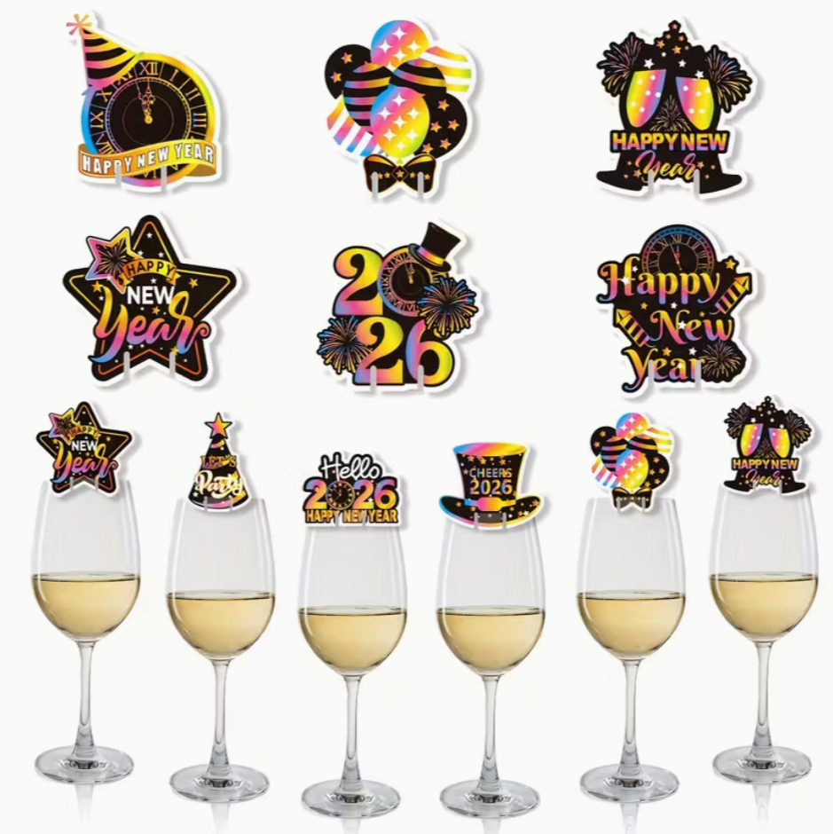 full assortment of happy new year and 2026 themed wine glass decoration cards displayed in rows