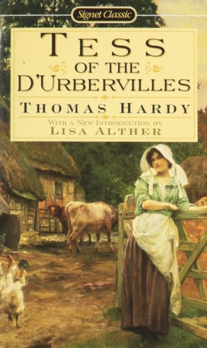 Book cover of 'Tess of the D'Urbervilles' by Thomas Hardy with a woman on a farm.
