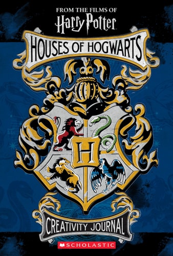 Cover of the 'Houses of Hogwarts Creativity Journal' featuring the Hogwarts crest with a gold letter H and illustrations of Hogwarts houses.