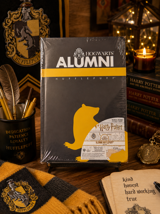 Official Harry Potter Hufflepuff Alumni journal featuring a black cover with yellow Hufflepuff accents and badger silhouette displayed with Wizarding World themed accessories.