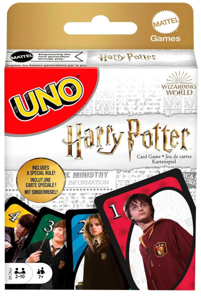 UNO Harry Potter card game packaging with characters and Mattel branding.