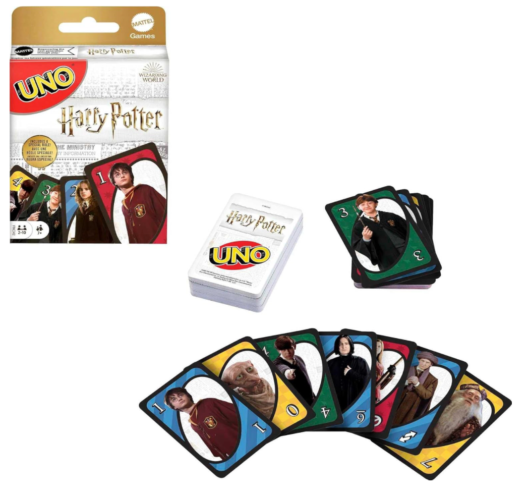 Harry Potter UNO card game set with packaging and cards displayed on a white background