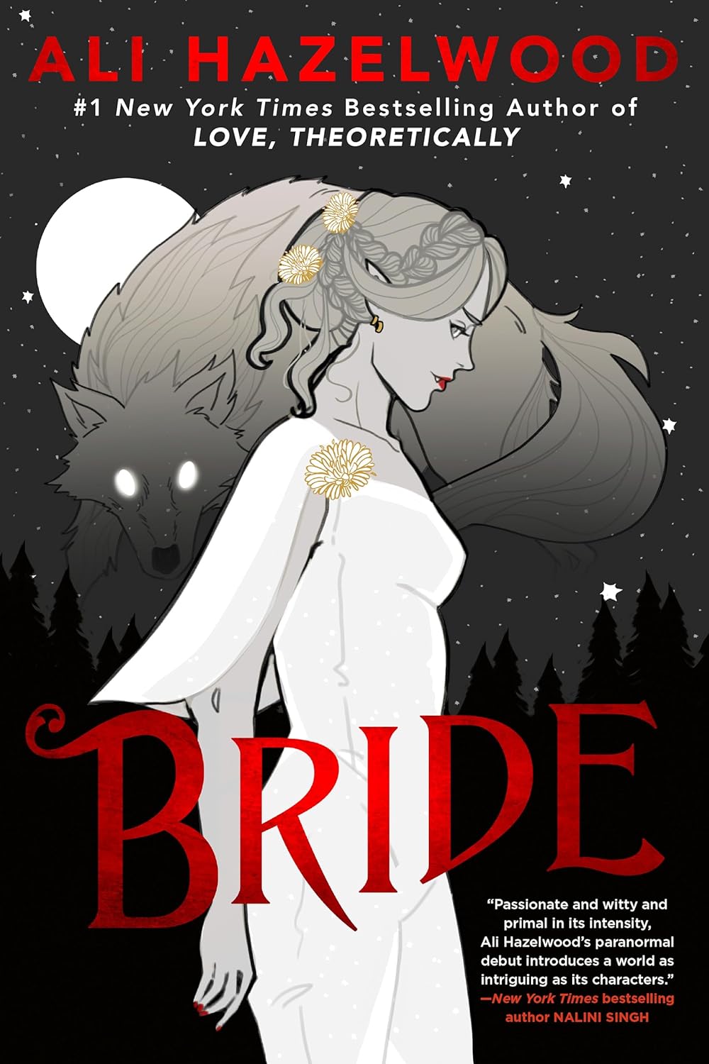 Book cover of 'Bride' by Ali Hazelwood featuring a woman and wolf in a dark forest setting.