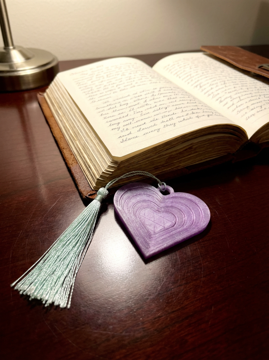 Heart-shaped bookmark with tassel on an open book