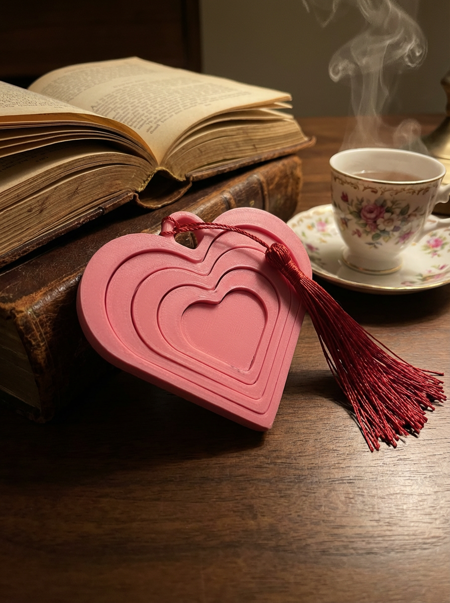 Heart-shaped pink object with tassel on a wooden surface next to an open book and a steaming cup of tea.