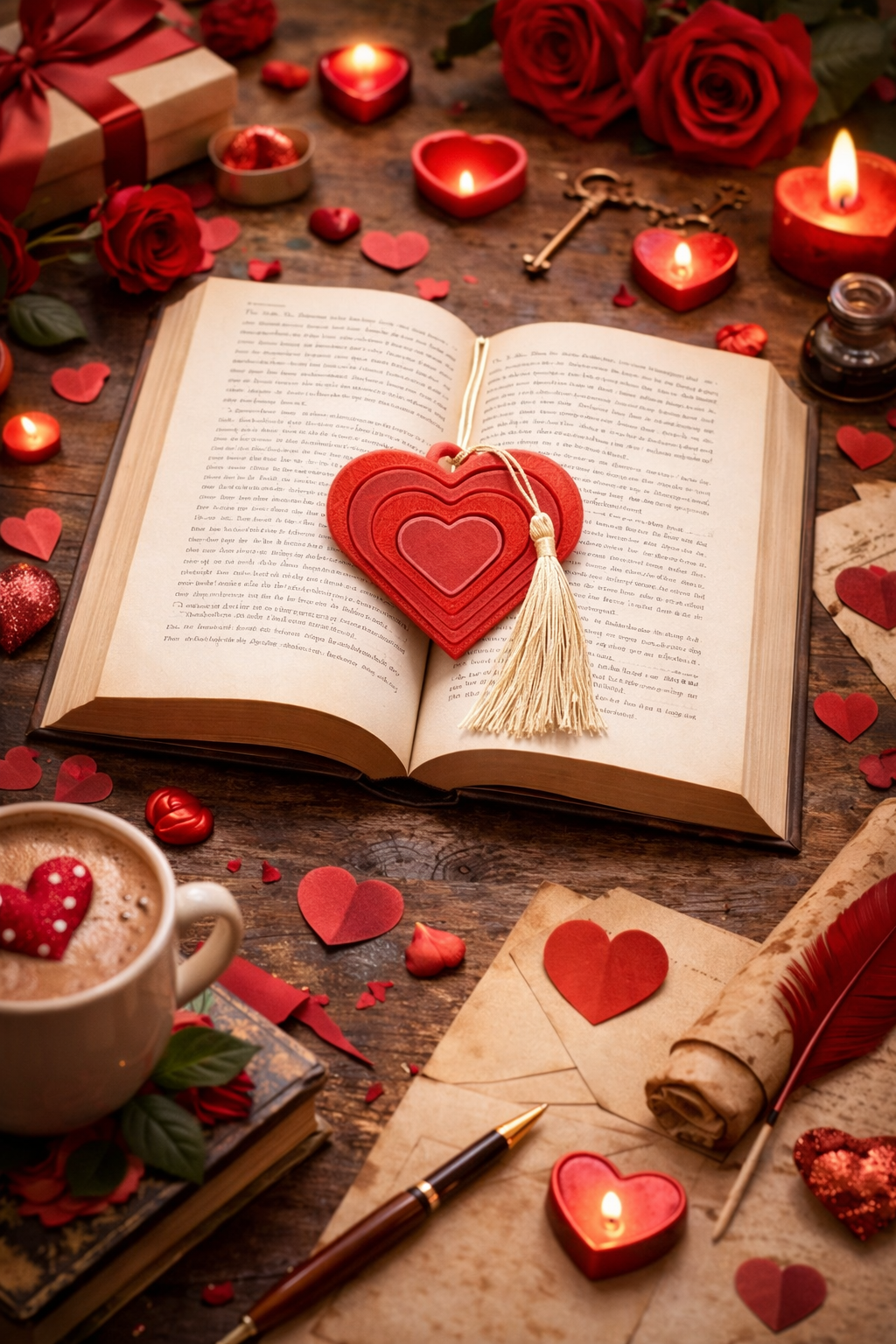 Red heart-shaped spinning bookmark fidget with tassel resting on a dark wooden surface