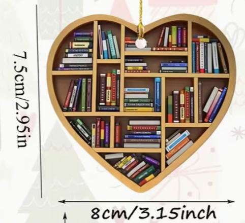 Heart-shaped bookshelf with books and measurements on a white background
