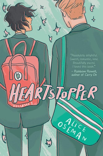 Cover of Heartstopper: Volume 1 by Alice Oseman, a bestselling graphic novel about friendship, first love, self-discovery, and growing up featuring Charlie Spring and Nick Nelson.