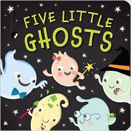 Children's book cover titled 'Five Little Ghosts' with cartoon ghosts on a dark background.