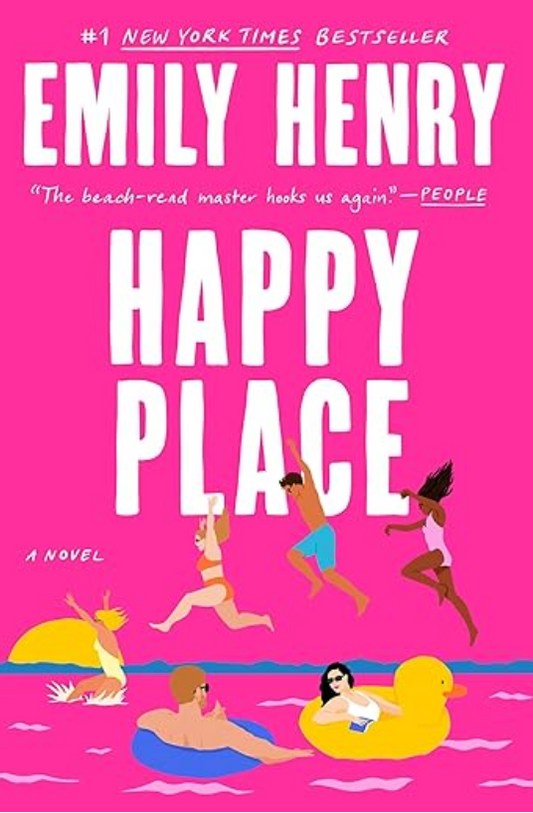 Cover of Happy Place by Emily Henry, featuring an inviting, colorful design with characters enjoying a relaxing beachside setting.