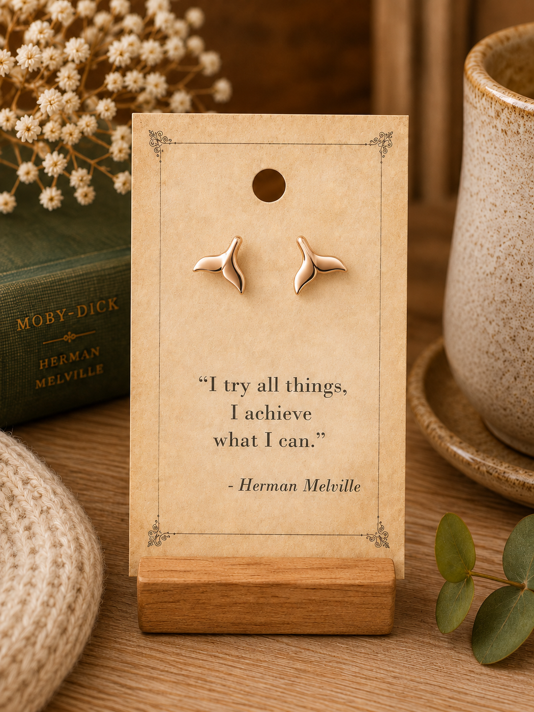 Gold tone whale tail stud earrings displayed on a vintage-inspired Herman Melville literary quote card