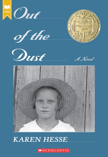 Book cover of 'Out of the Dust' by Karen Hesse with a black and white photo of a young girl and Scholastic logo.