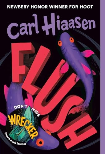 Book cover of 'Flush' by Carl Hiaasen with colorful fish illustration on a dark background