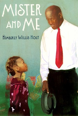 Book cover for 'Mister and Me' featuring an illustration of a young girl in a red dress looking up at a smiling man in a white shirt and red tie.