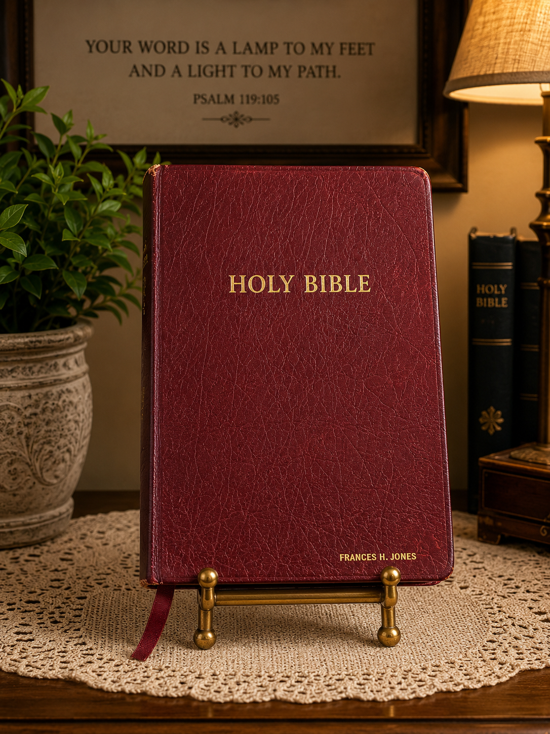Vintage burgundy leather Holy Bible, New Scofield Reference Edition, personalized with the name Frances H. Jones in gold lettering.