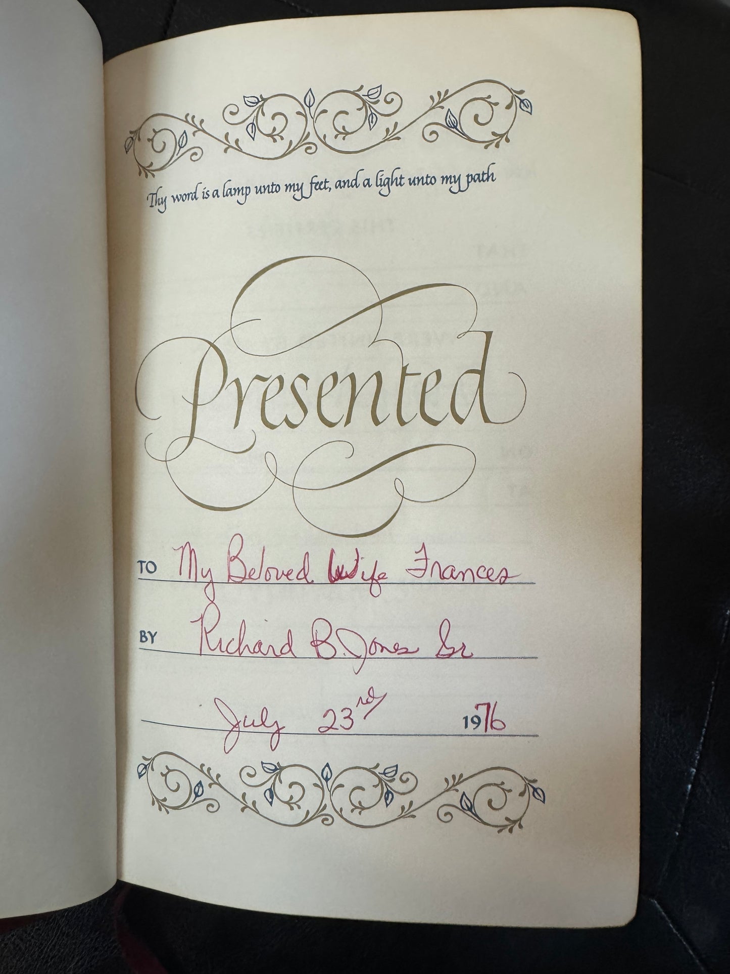 Presentation page inside a New Scofield Reference Edition Holy Bible showing a handwritten inscription dated July 23, 1976.