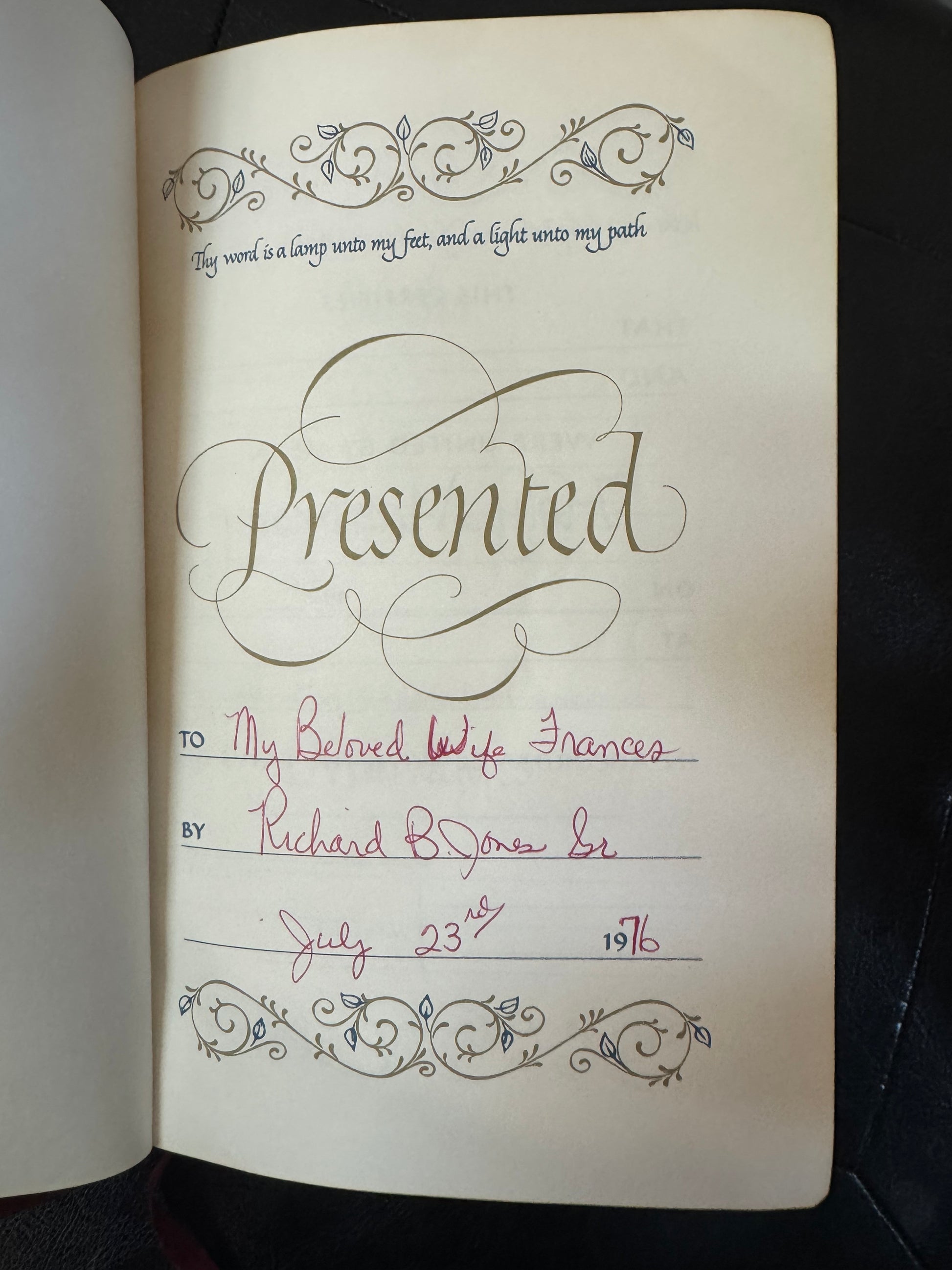 Presentation page inside a New Scofield Reference Edition Holy Bible showing a handwritten inscription dated July 23, 1976.