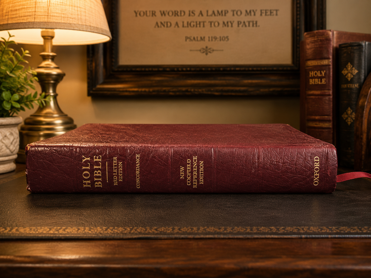 Spine view of a burgundy leather Holy Bible showing New Scofield Reference Edition, Red Letter Edition, and Oxford gold-stamped lettering.